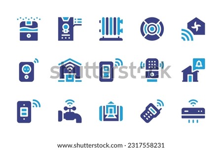 Domotic icon set. Duotone color. Vector illustration. Containing humidifier, lights, electric heater, motion detector, air conditioning, socket, garage, switch, voice assistant, notification, faucet.