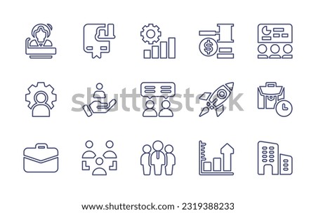 Business line icon set. Editable stroke. Vector illustration. Containing principal, business, business chart, business presentation, admin, value, consultant, rocket, suitcase, team leader, bar chart.