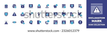 Exclamation mark icon collection. Duotone color. Vector illustration. Containing clipboard, calendar, alarm clock, alert, problem, tooth, servers, warning, server, shield, subscription, cursor.
