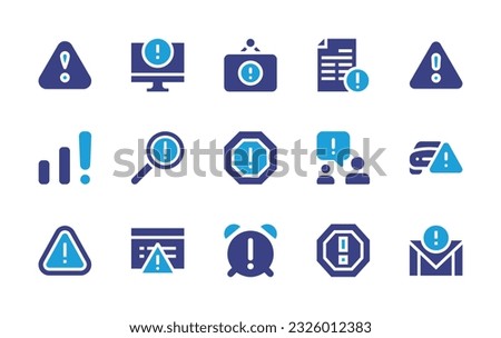 Exclamation mark icon set. Duotone color. Vector illustration. Containing warning, attention, poster, alert, caution, no signal, problem, car, alarm clock, email. 