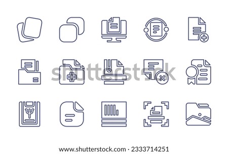 Documentation line icon collection. Editable stroke. Vector illustration. Containing papers, copy, computer, file, add file, documents, medical records, zip file, cancel, certificate, document, scan.