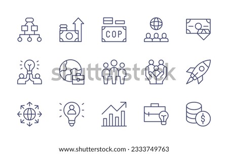 Business line icon collection. Editable stroke. Vector illustration. Containing project management, benefits, money, global, rich, partner, global-services, team-leader, family, rocket, expansion, use