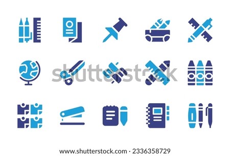 Stationery icon collection. Duotone color. Vector illustration. Containing pen, flyer, pushpin, case, creativity, geography, scissors, push pin, school material, crayon, sticky notes, stapler, station