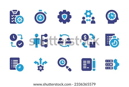 Management icon collection. Duotone color. Vector illustration. Containing check list, time management, setting, team management, efficiency, skills, swap, cash flow, archive, decision making, content