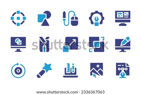 Graphic design icon collection. Duotone color. Vector illustration. Containing graphic design, shape, computer mouse, pen, ui design, badge, combine, rotate, magic wand, tools, design.