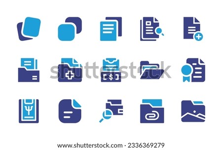 Documentation icon collection. Duotone color. Vector illustration. Containing papers, copy, documents, research, add file, medical records, document, folder, certificate.