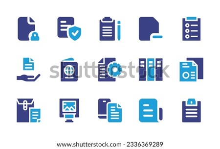 Documentation icon collection. Duotone color. Vector illustration. Containing locked, insurance, document, file, task, information, passport.