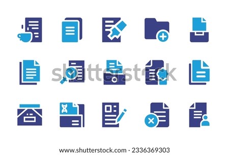 Documentation icon collection. Duotone color. Vector illustration. Containing document, copy, add, file, quality control, documents, form.