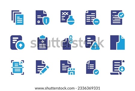 Documentation icon collection. Duotone color. Vector illustration. Containing document, delete document, exam, file upload, prescription, file, paper, scanner, checklist.