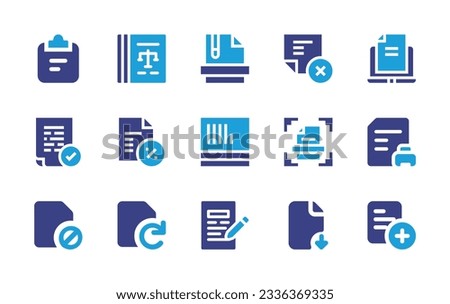 Documentation icon collection. Duotone color. Vector illustration. Containing document, legal document, zip file, cancel, laptop, file, scan, download, add.