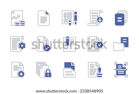 Documentation icon set. Duotone style line stroke and bold. Vector illustration. Containing analytics, google docs, agreement, document, documents, job description, edit document, file, official.
