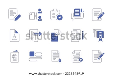 Documentation icon set. Duotone style line stroke and bold. Vector illustration. Containing paper, document, writing, download, send, notes, add document, file.