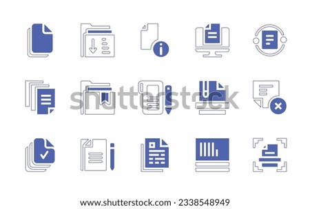 Documentation icon set. Duotone style line stroke and bold. Vector illustration. Containing document, folder, computer, file, data, zip file, cancel, version, scan.