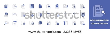 Documentation icon collection. Duotone style line stroke and bold. Vector illustration. Containing documents, research, document, legal document, laptop, personal information, folder, file, and more.