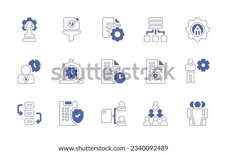 Business management icon set. Duotone style line stroke and bold. Vector illustration. Containing strategic, filtering, setting, aggregation, planning, time management, management, accountability.