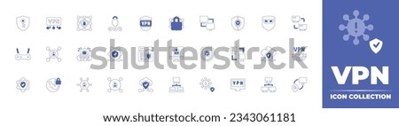 VPN icon collection. Duotone style line stroke and bold. Vector illustration. Containing vpn, computer, encrypt, connection, antivirus, local network, router, secure, shield, share, clou, and more.