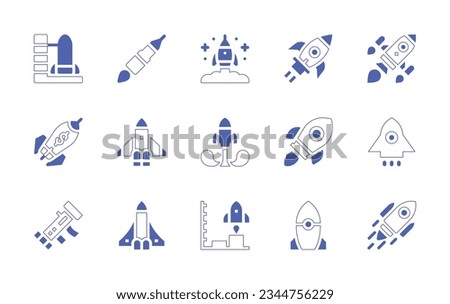Rocket icon set. Duotone style line stroke and bold. Vector illustration. Containing launchpad, rocket, ship, launch, startup, spaceship, launcher, space, shuttle.