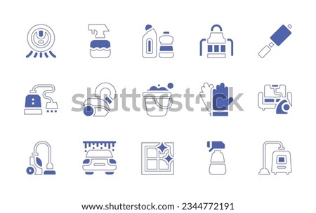 Cleaning icon set. Duotone style line stroke and bold. Vector illustration. Containing robot, vacuum, cleaning, spray, detergent, apron, lint, roller, vaccum, cleaner, bucket, gloves, sofa, car, wash.