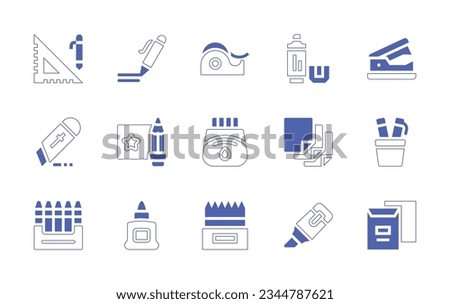 Stationery icon set. Duotone style line stroke and bold. Vector illustration. Containing stationery, pen, scotch, tape, highlighter, stapler, remover, cutter, drawing, ink, paper, crayons, liquid.