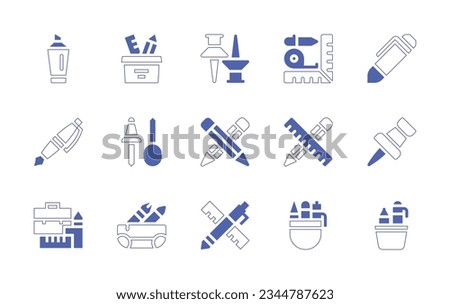 Stationery icon set. Duotone style line stroke and bold. Vector illustration. Containing highlighter, pencil, case, push, pin, measurement, pen, pushpin, color, pencils, stationery, briefcase.