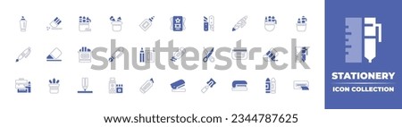 Stationery icon collection. Duotone style line stroke and bold. Vector illustration. Containing highlighter, eraser, pens, stationery, glue, flyer, cutter, pen, pencil, case, chalk, and more.