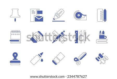 Stationery icon set. Duotone style line stroke and bold. Vector illustration. Containing pushpin, stationery, highlighter, scotch, tape, notepad, eraser, stamp, glue, scissors, push, pin.