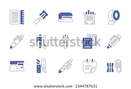 Stationery icon set. Duotone style line stroke and bold. Vector illustration. Containing calculator, pencil, sharpener, stapler, chalk, adhesive, tape, pen, printing, corrector, cutter, sticky, note.