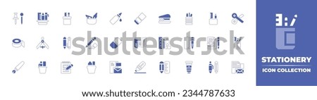 Stationery icon collection. Duotone style line stroke and bold. Vector illustration. Containing push, pin, stationery, glue, eraser, stapler, pencil, holder, scissors, adhesive, tape, draw, and more.