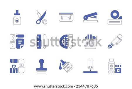 Stationery icon set. Duotone style line stroke and bold. Vector illustration. Containing ink, cartridge, scissors, pencil, case, stapler, masking, tape, branding, stationery, supplies, chalk.