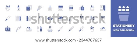 Stationery icon collection. Duotone style line stroke and bold. Vector illustration. Containing creativity, ink, cartridge, printing, corrector, liquid, glue, color, pencils, eraser, sticky, and more.