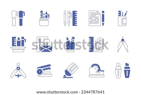Stationery icon set. Duotone style line stroke and bold. Vector illustration. Containing pen, stationery, writing, tools, compass, drawing, stapler, highlighter, tape.