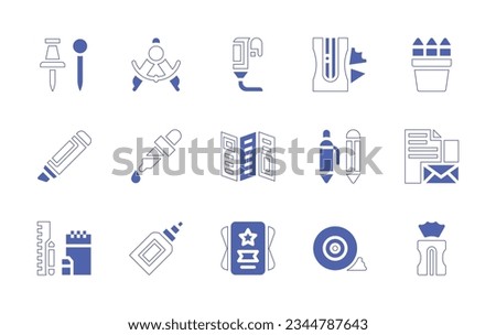 Stationery icon set. Duotone style line stroke and bold. Vector illustration. Containing push, pin, compass, paint, tube, pencil, sharpener, stationery, marker, ink, dropper, brochure, pen, glue.
