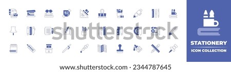 Stationery icon collection. Duotone style line stroke and bold. Vector illustration. Containing stationery, stapler, sticky, note, design, paper, clip, pen, pushpin, rules, calligraphy, and more.