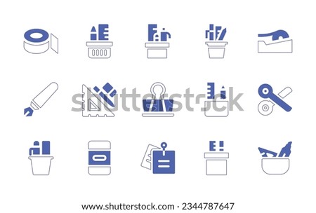 Stationery icon set. Duotone style line stroke and bold. Vector illustration. Containing adhesive, tape, pencil, holder, school, material, stationery, pen, design, paper, clip, scissors, eraser, stick