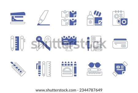 Stationery icon set. Duotone style line stroke and bold. Vector illustration. Containing stapler, highlighter, sticky, notes, stationery, branding, scissors, billboard, pencil, case, cutter, tools.