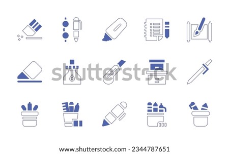 Stationery icon set. Duotone style line stroke and bold. Vector illustration. Containing eraser, pen, highlighter, rules, calligraphy, ink, cutter, box, stationery, pens.