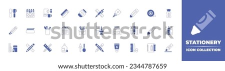 Stationery icon collection. Duotone style line stroke and bold. Vector illustration. Containing pen, crayons, branding, ruler, eraser, stationery, glue, pencil, scotch, tape, sharpener, and more.