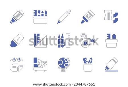 Stationery icon set. Duotone style line stroke and bold. Vector illustration. Containing highlighter, tools, mechanical, pencil, glue, sharpener, ruler, pen, measuring, tape, stationery, sticky, note.