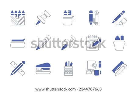 Stationery icon set. Duotone style line stroke and bold. Vector illustration. Containing crayons, push, pin, stationery, pencil, case, notebook, stapler, holder, branding, ruler.