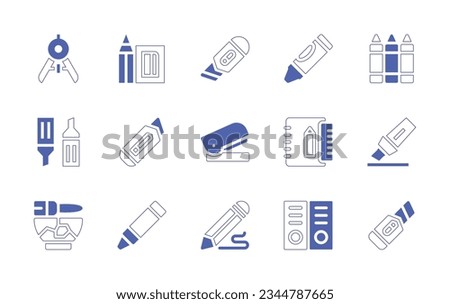 Stationery icon set. Duotone style line stroke and bold. Vector illustration. Containing compass, sharpener, cutter, crayon, colors, markers, stapler, stationery, felt, tip, glue, crayons, drawing.