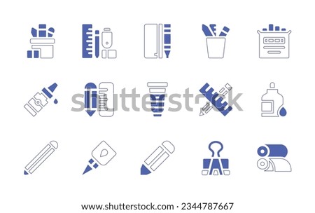 Stationery icon set. Duotone style line stroke and bold. Vector illustration. Containing pencil, case, stationery, box, chalk, liquid, glue, and, ruler, paint, paper, clip, printing.