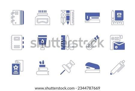 Stationery icon set. Duotone style line stroke and bold. Vector illustration. Containing notebook, ink, bottle, stationery, stapler, office, supplies, paint, tube, tools, cutter, branding, flyer.