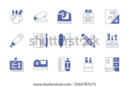 Stationery icon set. Duotone style line stroke and bold. Vector illustration. Containing creativity, stapler, tape, shredder, stationery, marker, notebook, pencil, case, notes, scotch, rule, holder.