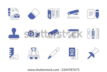 Stationery icon set. Duotone style line stroke and bold. Vector illustration. Containing stationery, eraser, brochure, stapler, stamp, scotch, packaging, ruler, paperclip, pencil, flyer, pushpin.