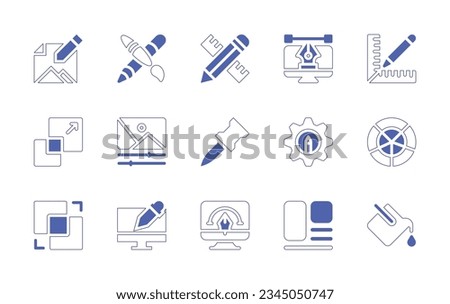 Graphic design icon set. Duotone style line stroke and bold. Vector illustration. Containing drawing, graphic, design, tool, computer, ruler, scale, image, editor, puppet, warp, gear, grid, combine.