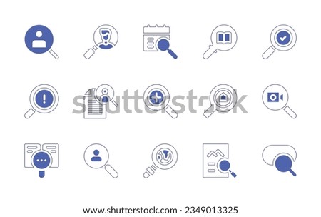 Search magnifiers icon set. Duotone style line stroke and bold. Vector illustration. Containing search, recruitment, calendar, problem, job, zoom, real, estate, video, research, searching, image.