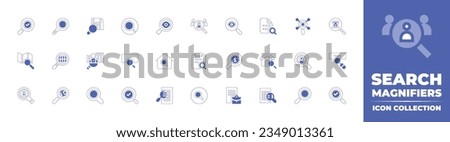 Search magnifiers icon collection. Duotone style line stroke and bold. Vector illustration. Containing search, magnifying, glass, eyes, file, searching, map, book, bar, home, research, and more.