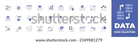 Data icon collection. Duotone style line stroke and bold. Vector illustration. Containing data, security, transfer, server, cloud, search, cyber, export, secure, transformation, analytics, and more.