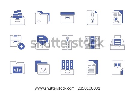 Archive icon set. Duotone style line stroke and bold. Vector illustration. Containing archive, cardboard box, zip, search, archives, coding, folder, documents, library.