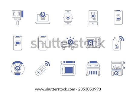 Device icon set. Duotone style line stroke and bold. Vector illustration. Containing selfie stick, webcam, smartwatch, cctv, open, comment, minus, projector, microwave, remote control, vacuum cleaner.